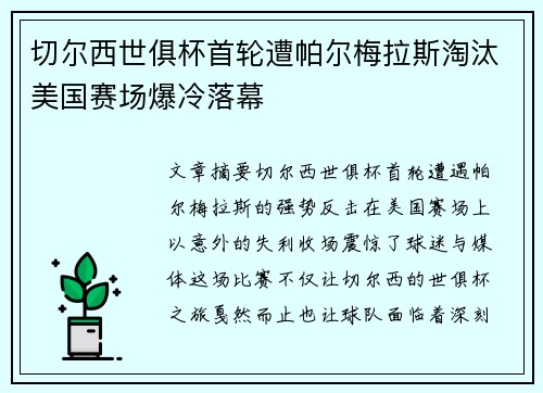切尔西世俱杯首轮遭帕尔梅拉斯淘汰美国赛场爆冷落幕 切尔西世俱杯首轮遭帕尔梅拉斯淘汰美国赛场爆冷落幕