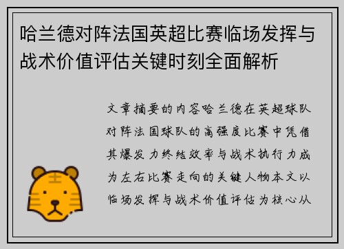 哈兰德对阵法国英超比赛临场发挥与战术价值评估关键时刻全面解析
