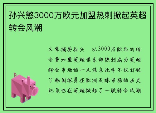孙兴慜3000万欧元加盟热刺掀起英超转会风潮 孙兴慜3000万欧元加盟热刺掀起英超转会风潮