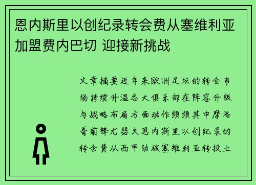 恩内斯里以创纪录转会费从塞维利亚加盟费内巴切 迎接新挑战 恩内斯里以创纪录转会费从塞维利亚加盟费内巴切 迎接新挑战